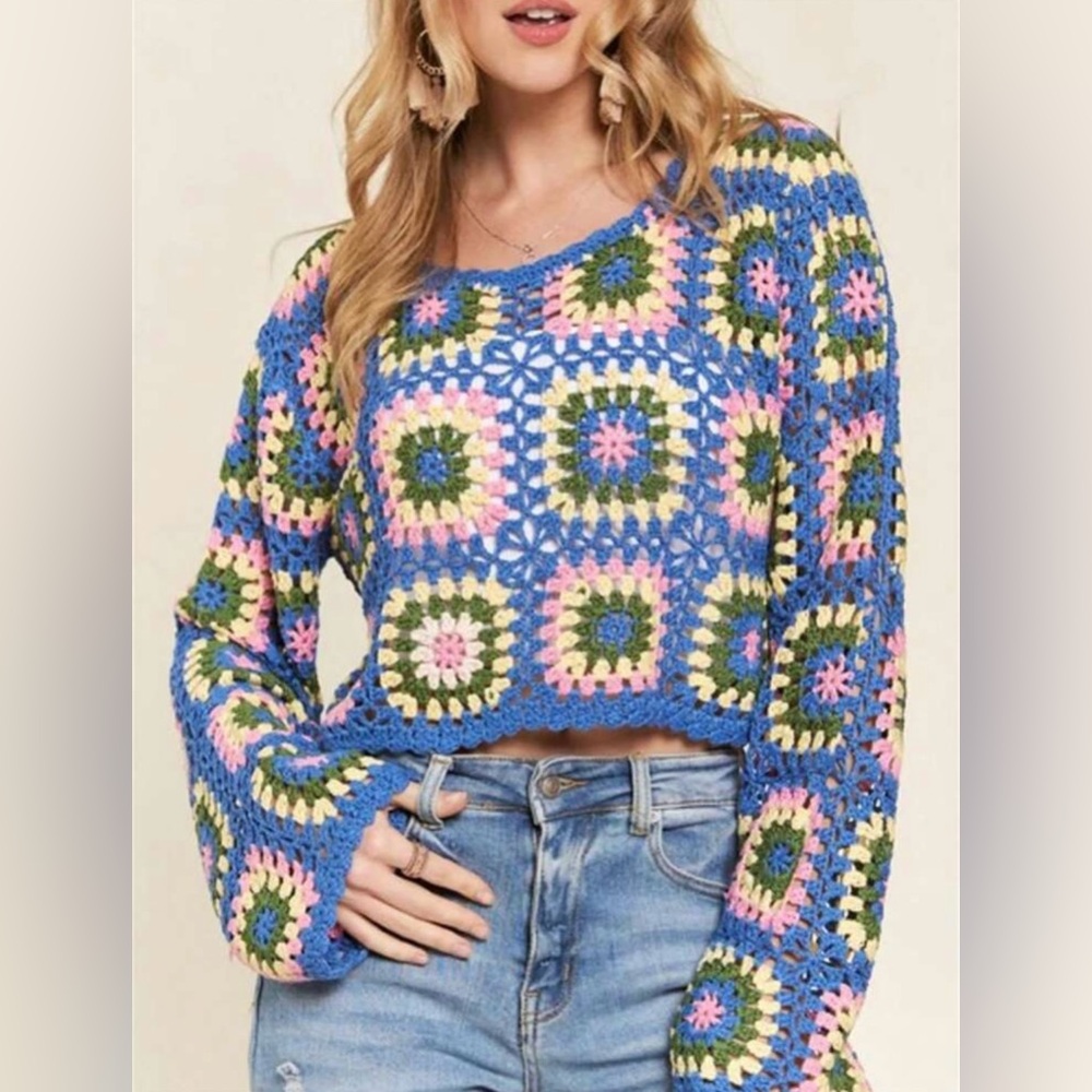 BLUE Granny Square Cropped Crochet Sweater